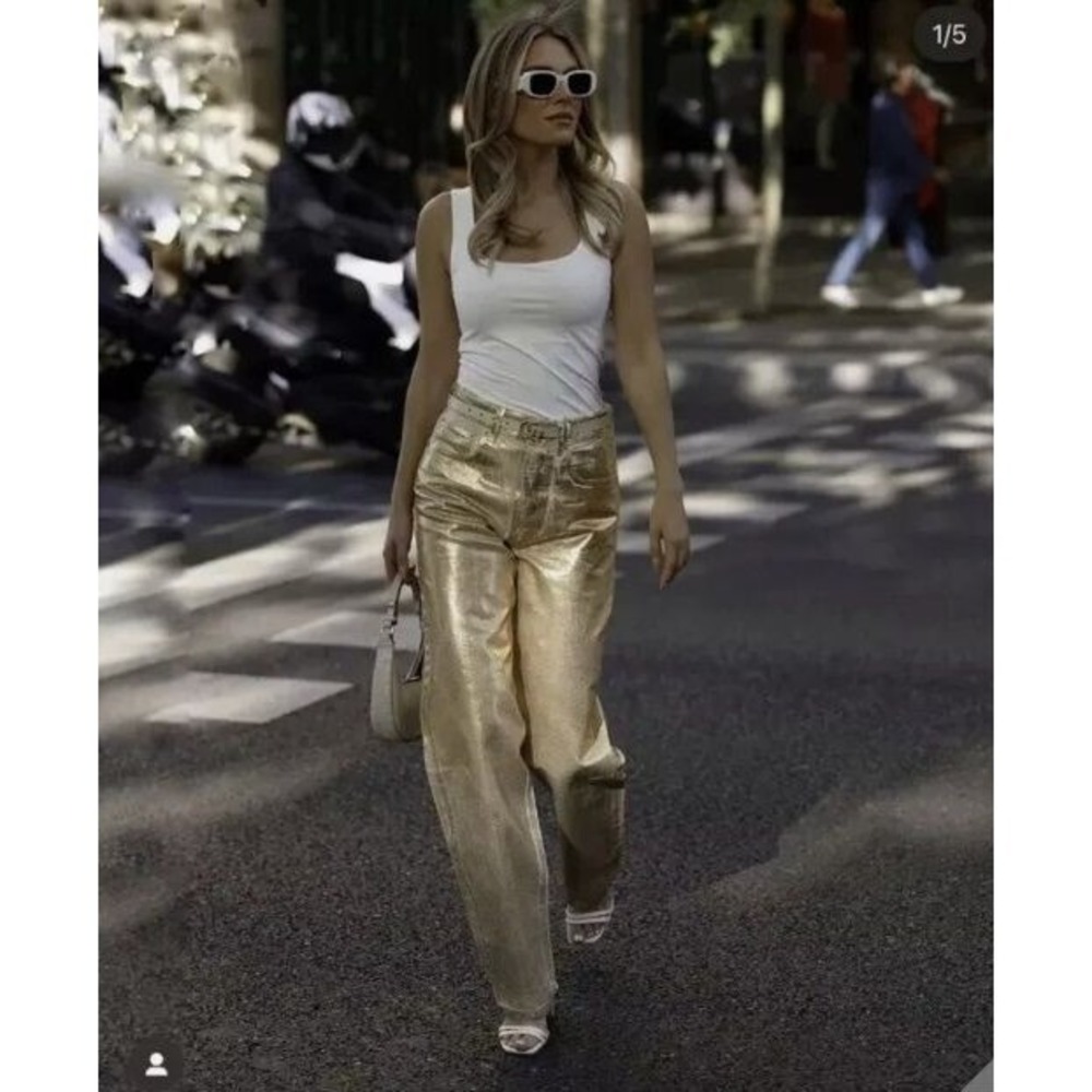 ZARA The Boy Jeans Blogger fav METALLIC GOLD JEANS straight leg sz 2